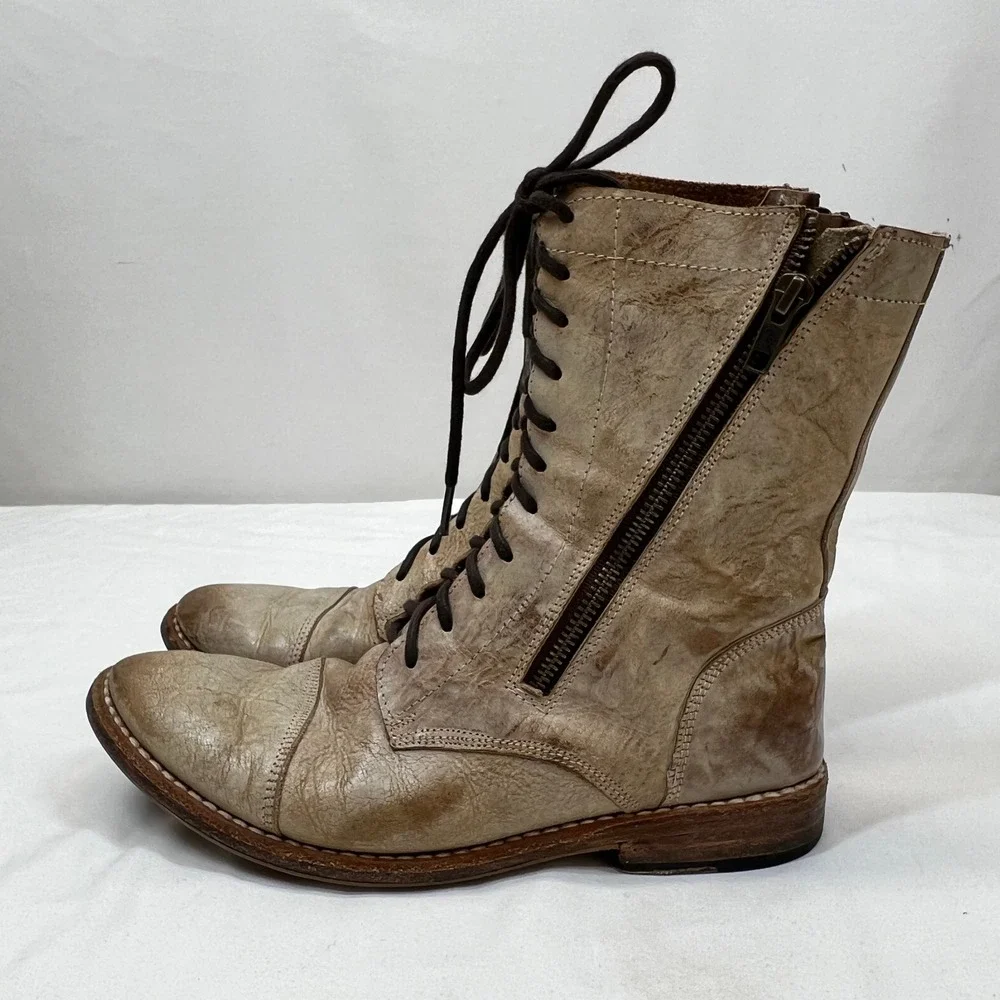 Bed Stu Protege Distressed Tan Leather Cap Toe Combat Boots Size 8 2364